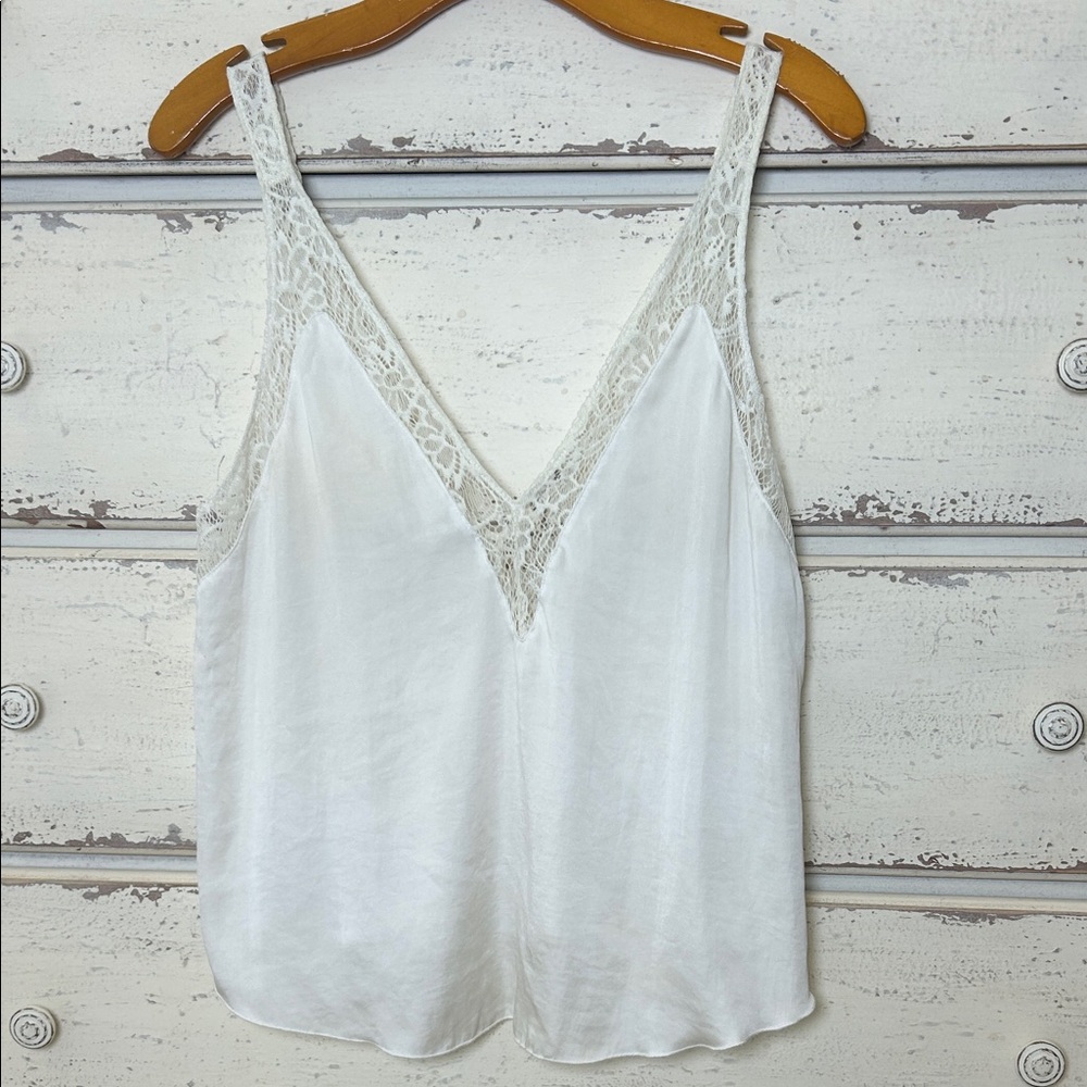 Free People All In My Head Ivory Satin Lace Trim V-Neck Blouse